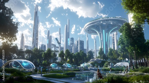 A futuristic city park where citizens enjoy AR-enhanced entertainment powered by blockchain-secured IoT devices