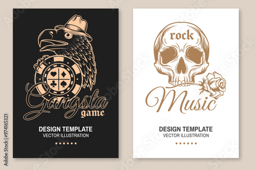Gangsta game. Vintage print, logo, badge design with eagle head in gangster hat, skull and casino chips silhouette. Vector illustration.