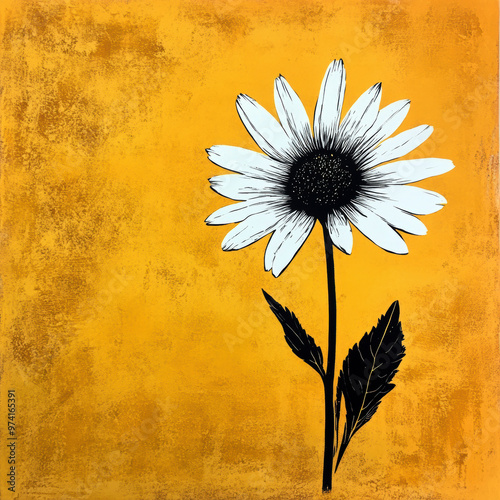 A white flower is the main focus of this painting. The flower is surrounded by a yellow background, which creates a warm and inviting atmosphere. The painting evokes a sense of peace and tranquility
