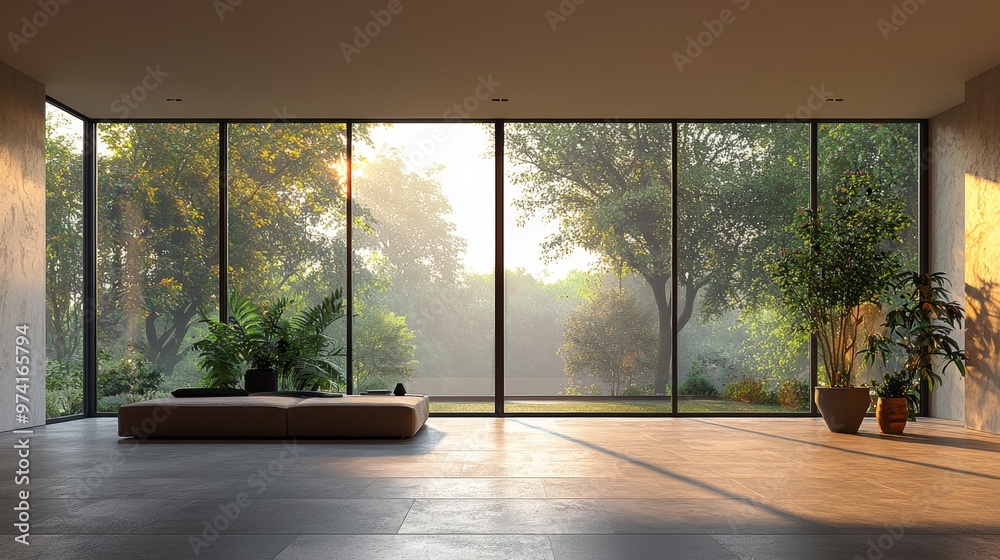Modern Living Room Interior with Large Windows and Sunlight Modern Living Room Interior with Large Windows and Sunlight