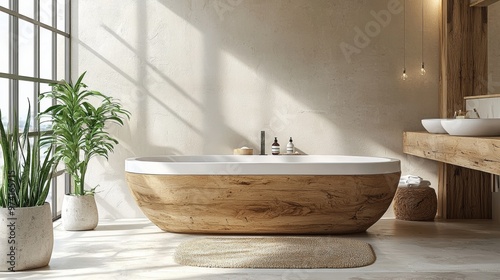 Modern Minimalist Bathroom Interior Design with Wooden Bathtub photo