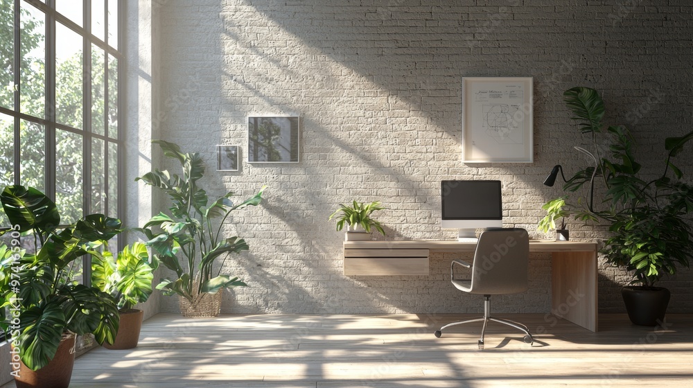 Naklejka premium Modern Home Office Workspace with Brick Wall Plants and Large Window
