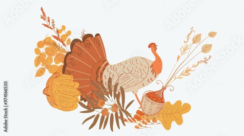 Thanksgiving turkey illustration surrounded by autumn harvest on a light background photo