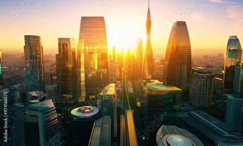 4K aerial view of future city at sunset, Modern office building landscape