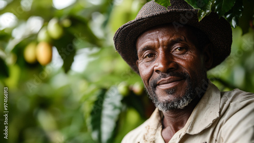 Celebrating International Coffee Day with a coffee farmer in lush greenery at harvest time