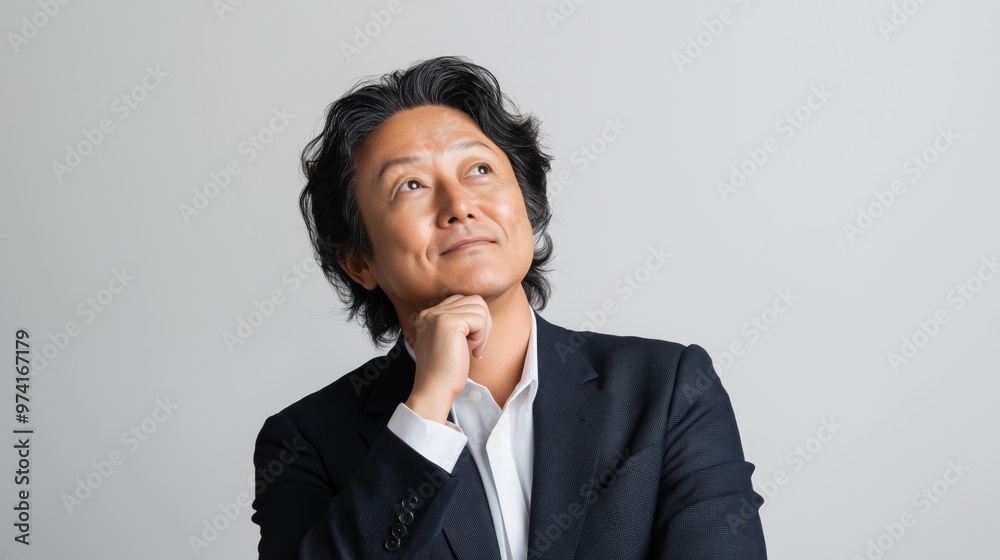 Thoughtful man in formal attire pondering ideas against a neutral background, showcasing contemplation and inspiration. Thoughtful man in formal attire pondering ideas against a neutral background, showcasing contemplation and inspiration.