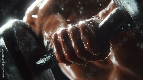 A close-up of a muscular hand gripping a dumbbell, highlighted by water droplets, showcasing strength and fitness.