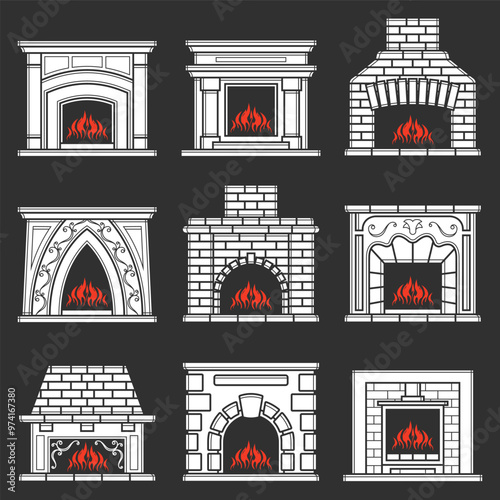 Set of furnace silhouette icon. Fireplace sign. Vector illustration. For web and mobile, modern minimalistic flat design.