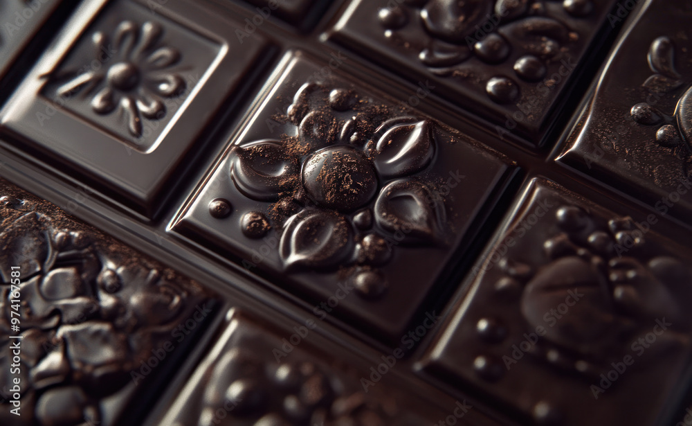 Close-up of a rich, dark chocolate bar with intricate details Close-up of a rich, dark chocolate bar with intricate details
