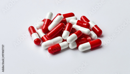 Pile of red capsules on white background