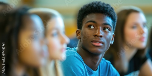 Group of diverse students in a classroom debate, close-up on varied expressions and animated gestures, bright lighting emphasizes inclusive education