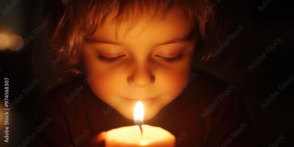 a birthday wish being made, a child's face illuminated by candlelight, eyes closed in hopeful anticipation a birthday wish being made, a child's face illuminated by candlelight, eyes closed in hopeful anticipation