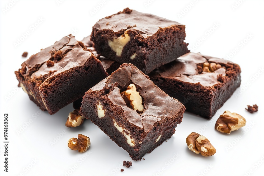 Brownies with hazelnuts on a white background