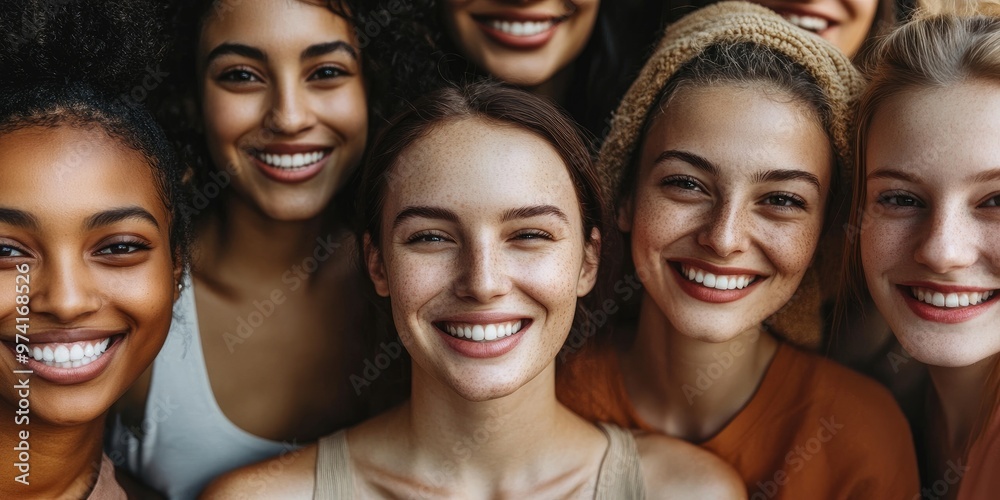Fototapeta premium a diverse group of friends, different skin tones and smiling faces, soft background light emphasizes unity and diversity