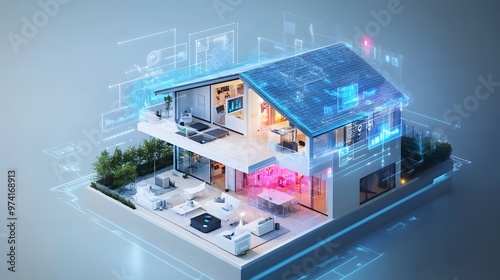 A futuristic smart home where blockchain secures personal data and IoT devices optimize every aspect of daily living