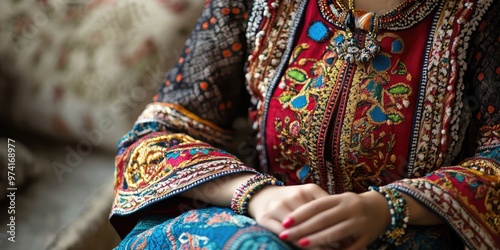 Person in a traditional cultural dress in a modern setting, close-up on details and soft background lighting, highlighting cultural representation