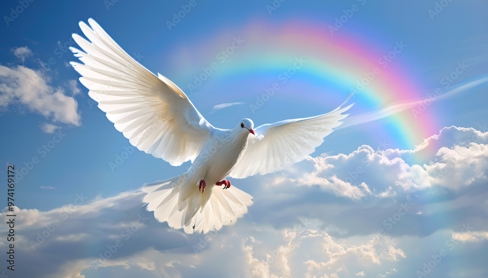 Fototapeta premium White dove flying with open wings in front of rainbow and sunlight. Symbol of love, peace, hope and freedom