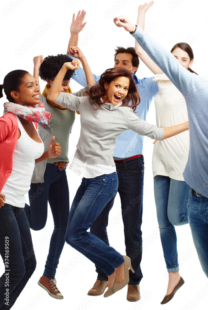 Fototapeta premium Business people, jump and happy in studio for celebration, team building and positive energy with success. Group, excited and creative agency on white background for diversity, goals and achievement
