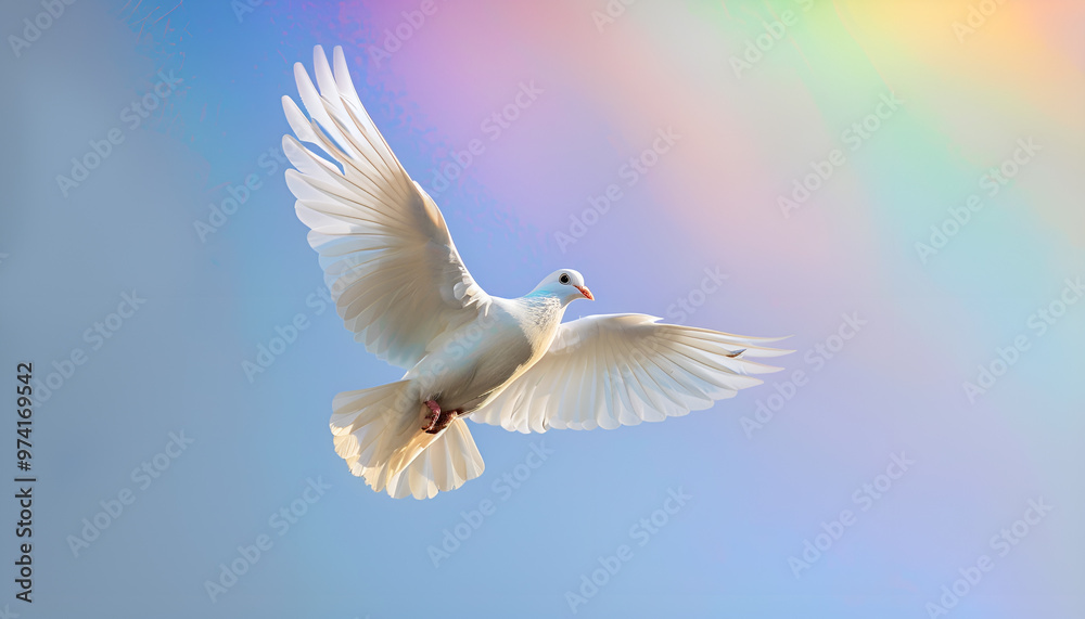 Fototapeta premium White dove flying with open wings in front of rainbow and sunlight. Symbol of love, peace, hope and freedom