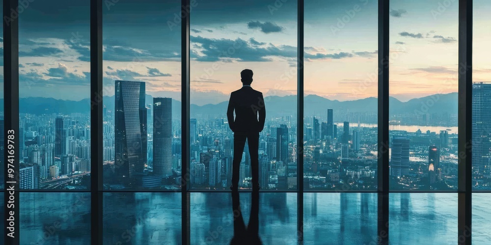Visionary leader in a modern office, standing by a large window, cityscape visible, embodiment of strategic foresight and leadership Visionary leader in a modern office, standing by a large window, cityscape visible, embodiment of strategic foresight and leadership