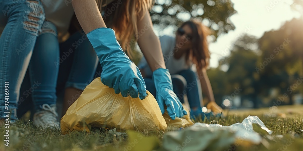 Obraz premium Group of people from various cultures cleaning up a park, close-up on gloves and trash bags, bright lighting captures the essence of community engagement