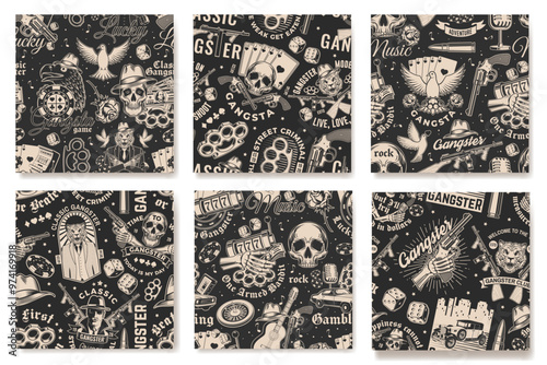 Gangster seamless pattern. Vector illustration. Vintage monochrome label, sticker, patch with gangster, gun, slot machines, two dice, poker playing card and skull silhouettes.