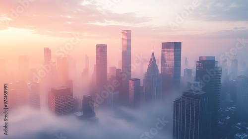 Aerial view of a vibrant city skyline amidst fog, showcasing modern architecture and warm pastel colors at sunrise.