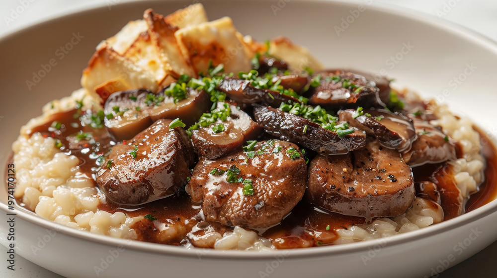 **Truffle Risotto with Creamy Arborio Rice, Truffle-Infused Mushroom Ragout, Crispy Parmesan Chips, and Truffle Reduction on a White Background** **Truffle Risotto with Creamy Arborio Rice, Truffle-Infused Mushroom Ragout, Crispy Parmesan Chips, and Truffle Reduction on a White Background**