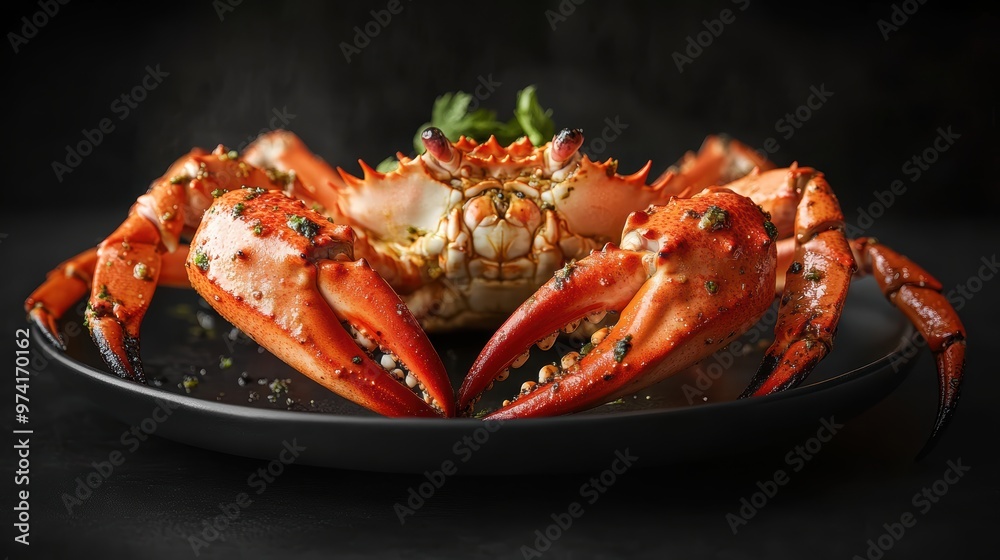 Black plate with 3 grilled king crab, isolated in a studio on a dark background. Realistic photography style, and sharp focus. Professional color grading. Black background. Studio lighting. Ultra-fine Black plate with 3 grilled king crab, isolated in a studio on a dark background. Realistic photography style, and sharp focus. Professional color grading. Black background. Studio lighting. Ultra-fine