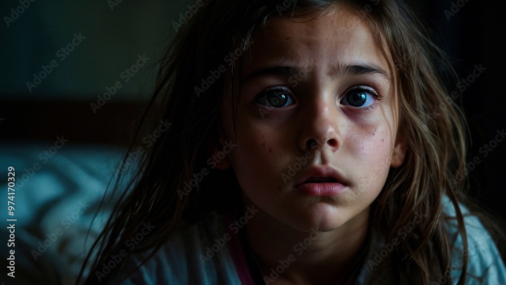 An expressive sloseup portrait of a scared stressed worried young girl with messy hair and eyes wide open, crying in her bed. Nightmares or domestic violence child abuse illustration concept.
