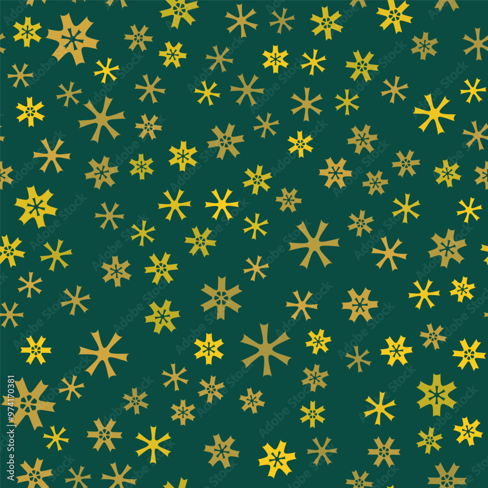 Many small yellow irregular snowflakes on green background. Seamless pattern with snowflakes. Snowflake ornament vector illustration. Decorative design in traditional colors with winter mood. Many small yellow irregular snowflakes on green background. Seamless pattern with snowflakes. Snowflake ornament vector illustration. Decorative design in traditional colors with winter mood.