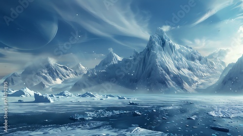 A icy landscape mountain range with clouds in the sky