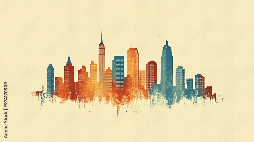 Fototapeta premium Vibrant city skyline silhouette with colorful modern art elements on solid background new beautiful stock image illustration AI