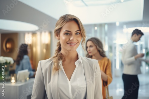 A smiling woman dressed in smart business attire stands confidently in a well-lit office, exuding professionalism and welcoming engagement.