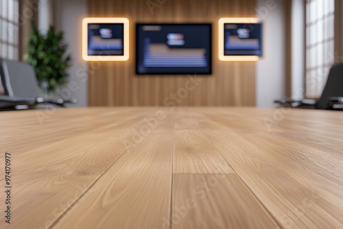 Modern Conference Room with Wooden Flooring and Digital Presentation Screens