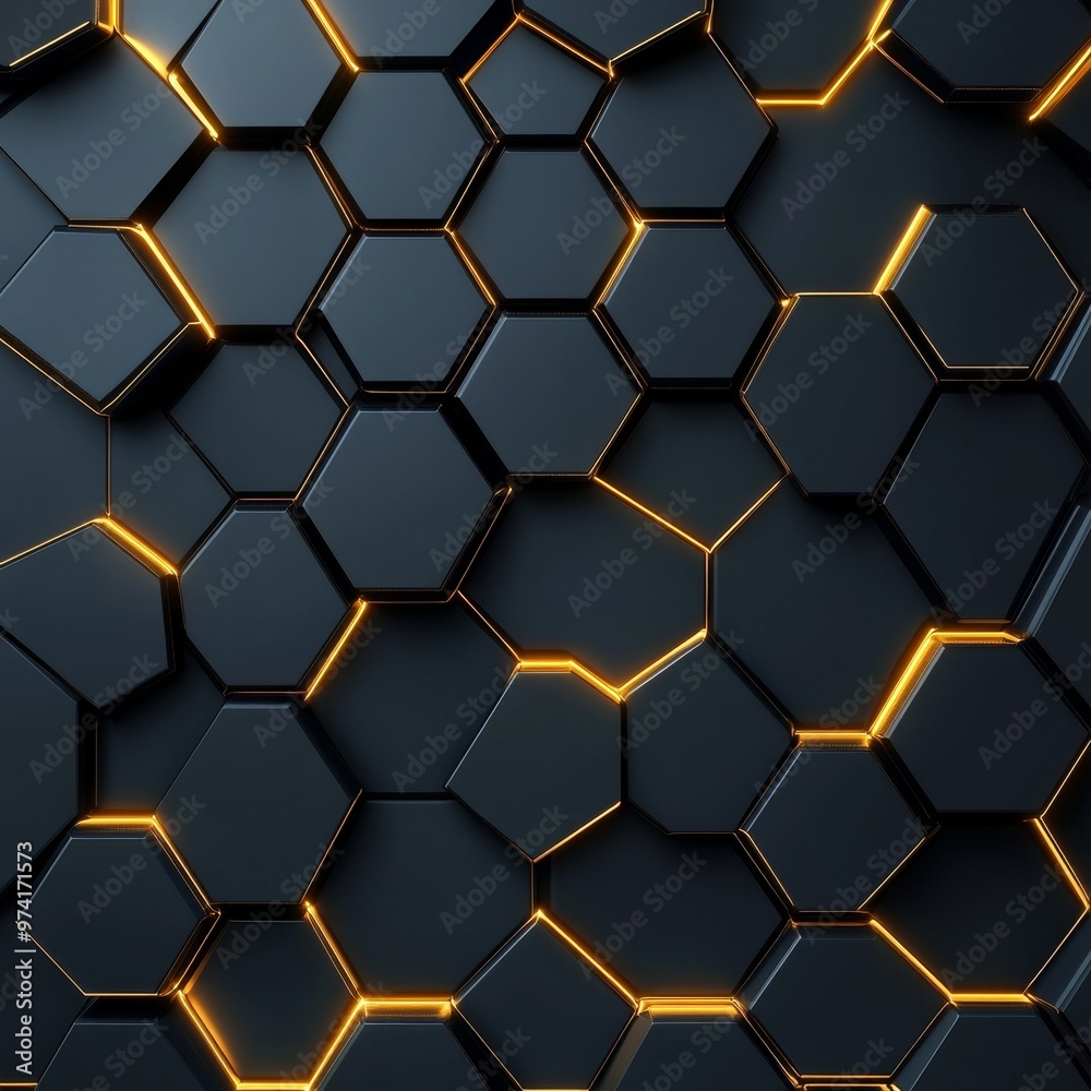 Black Hexagonal Pattern with Glowing Edges, Abstract, Geometry, 3D , Background Black Hexagonal Pattern with Glowing Edges, Abstract, Geometry, 3D , Background