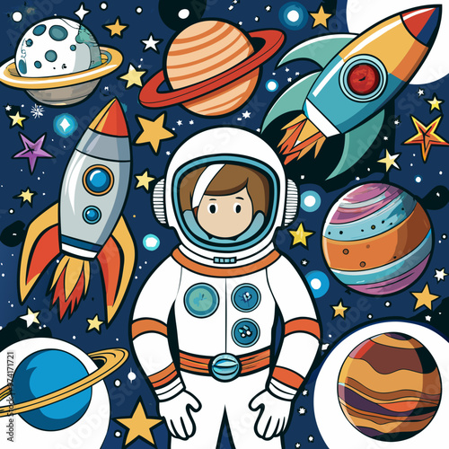 Vector illustration of an astronaut surrounded by planets and rockets, space theme, colorful design, copy space