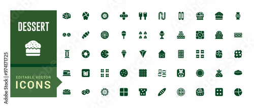 Dessert icon set. Contains such icons as cake, sweet, sweet waffle and more. Glyph icon collection for web and ui. Filled icon pack, editable stroke. Solid icon set. Vector illustration.