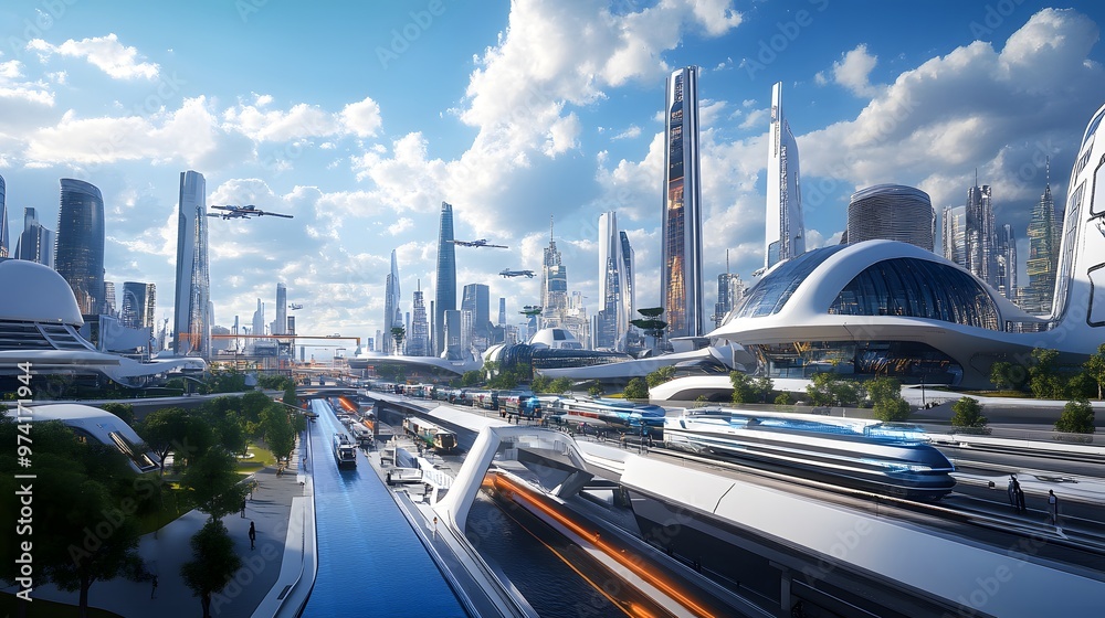 A futuristic transport hub where blockchain-powered systems ensure secure travel, and IoT devices optimize routes A futuristic transport hub where blockchain-powered systems ensure secure travel, and IoT devices optimize routes