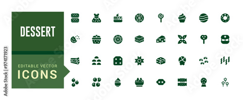 Dessert icon set. Contains such icons as cake, sweet, sweet waffle and more. Glyph icon collection for web and ui. Filled icon pack, editable stroke. Solid icon set. Vector illustration.