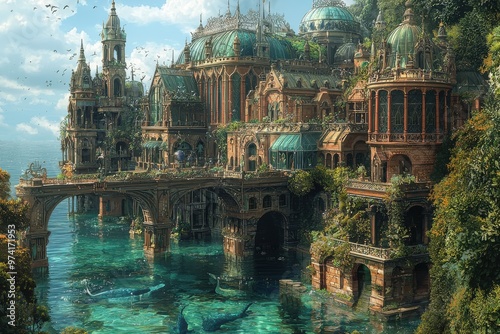 Fantastical floating castle city with ornate architecture, bridges, and waterways surrounded by lush greenery