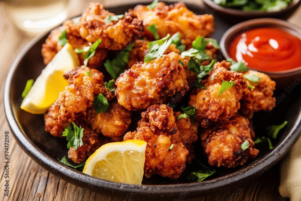 plate of crispy chicken karaage, garnished with lemon wedges and fresh parsley, placed on a wooden table with dipping sauces on the side plate of crispy chicken karaage, garnished with lemon wedges and fresh parsley, placed on a wooden table with dipping sauces on the side