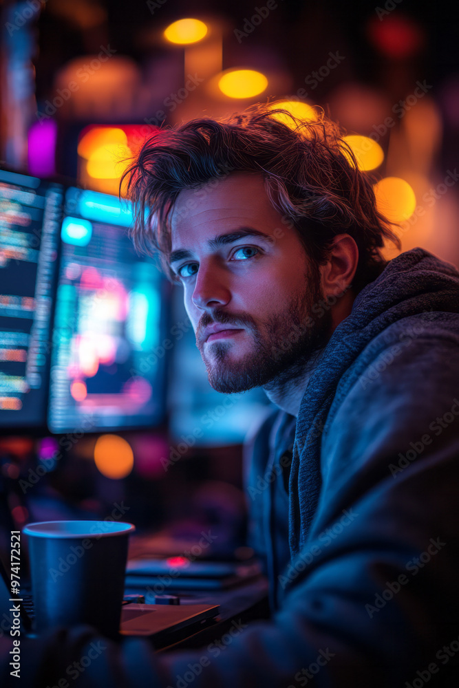 A programmer coding on a laptop in a dimly lit room with a half-empty coffee cup, A programmer coding on a laptop in a dimly lit room with a half-empty coffee cup,