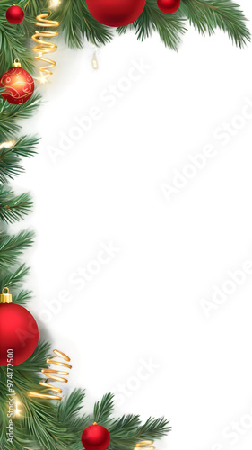 Christmas frame with Christmas tree branches and balls