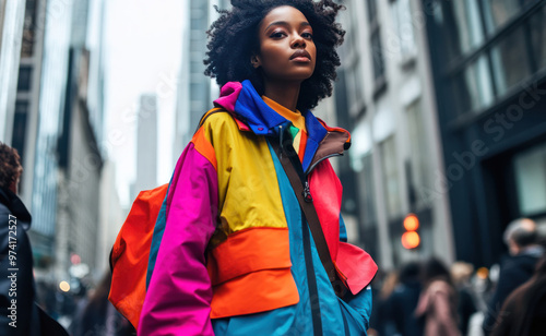 Street-style fashion shoot with a model wearing a bold, oversized jacket, walking confidently through a busy city street