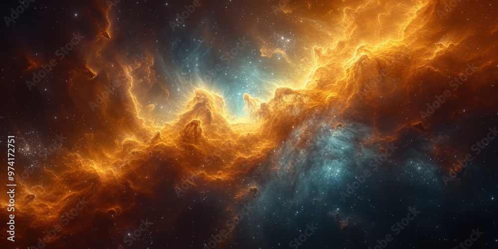 Fototapeta premium A breathtaking nebula in rich hues of orange, blue, and gold, resembling a cosmic storm in a whimsical, dreamy space-scape.