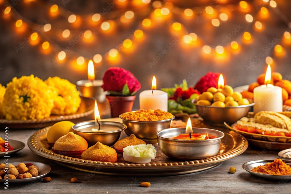 Flat bhai dooj background with food and candles