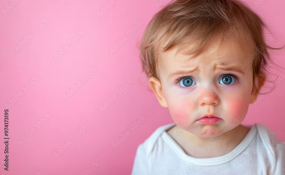 Unhappy and dissatisfied toddler baby isolated on a pink studio background. Crying kid or child showing frustration and negative emotion, hungry and upset, nervous face expression Unhappy and dissatisfied toddler baby isolated on a pink studio background. Crying kid or child showing frustration and negative emotion, hungry and upset, nervous face expression