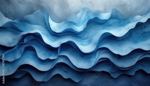 Elegant swirls of blue and dark grey paper create a soothing, textured background, evoking waves and serenity.