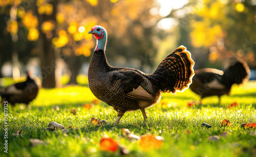 Turkeys walk on the grass on a sunny day and eat worms